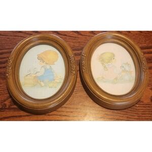 Lot Of Two Vintage Homco Girl And Boy Bunny Oval Pictures